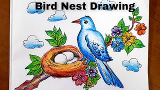 Simple Bird 🕊Nest drawingEasy Bird painting step by stephow to draw Nest and bird [upl. by Anelliw]