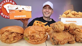 MUKBANG EATING Popeyes Chicken New Chicken Nuggets Spicy Chicken Sandwiches Cajun Fries [upl. by Haidabej]