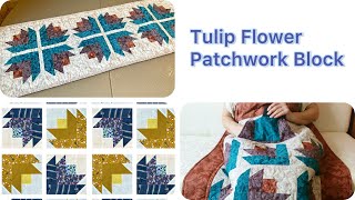 Tulip Flower Easy Quilt Block for Beginners From Squares and Strips of Fabric [upl. by Davine]