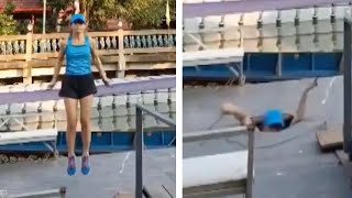 JumpRoping Woman Falls Through Dock shorts [upl. by Acinnor929]