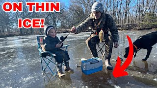 Taking my Son Ice fishing for the first time On our backyard pond This doesnt happen in Oklahoma [upl. by Pepita]