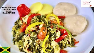 HOW TO COOK CALLALOO AND SALTFISH JAMAICAN STYLE RECIPE 2020  WITH BOIL DUMPLINGS AND YELLOW YAM [upl. by Lesde]