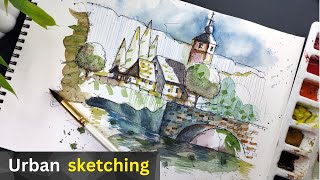 Easy loose urban sketching for beginners ink and watercolor  Real time Urban sketching tutorial [upl. by Dysart]