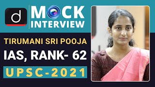 Tirumani Sri Pooja Rank  62 IAS  UPSC 2021 Mock Interview  Drishti IAS English [upl. by Aicinat]