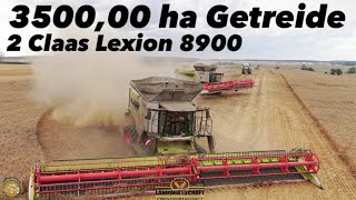 Großeinsatz Getreideernte 3500ha mit 2 Claas Lexion 8900 mit jeweils 1380m Convio Schneidwerk 2022 [upl. by Sumedocin]