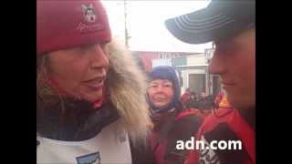 Iditarod champ Dallas Seavey greets Aliy Zirkle at the finish line [upl. by Emiatej]