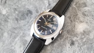 Serviced 1977 Timex Q Quartz Mens Vintage Watch New Strap Blue Dial Day Date [upl. by Ytirahs]