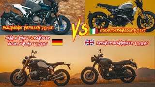 SCRAMBLERS COMPARED  BMW R nine T vs Triumph vs Ducati Scrambler Which is the best to own [upl. by Atteloiv]