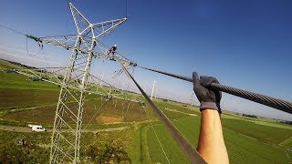 110KV Freileitung Hochspannungsleitung abseilen zum Ausbau der Steigleitungen [upl. by Biles]