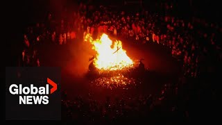 Viking fire festival Hundreds carry flaming torches through Scotland town to mark Up Helly Aa [upl. by Alansen]