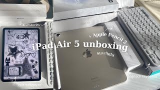 iPad Air 5 unboxing  Apple Pencil 2nd generation  cute accessories amp setting up starlight color✨ [upl. by Rexer]